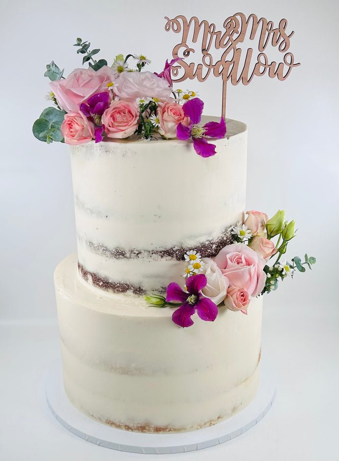 Two Tier Semi Naked Cake Pink & Purple Flower Cake (Various Options)