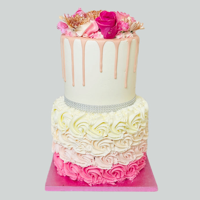 Two Tier Pink Ombre Flower Cake (Various Flavours)
